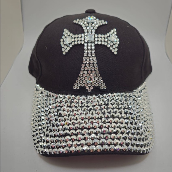 Black Cap with Silver Rhinestone Cross - Picture 1 of 3